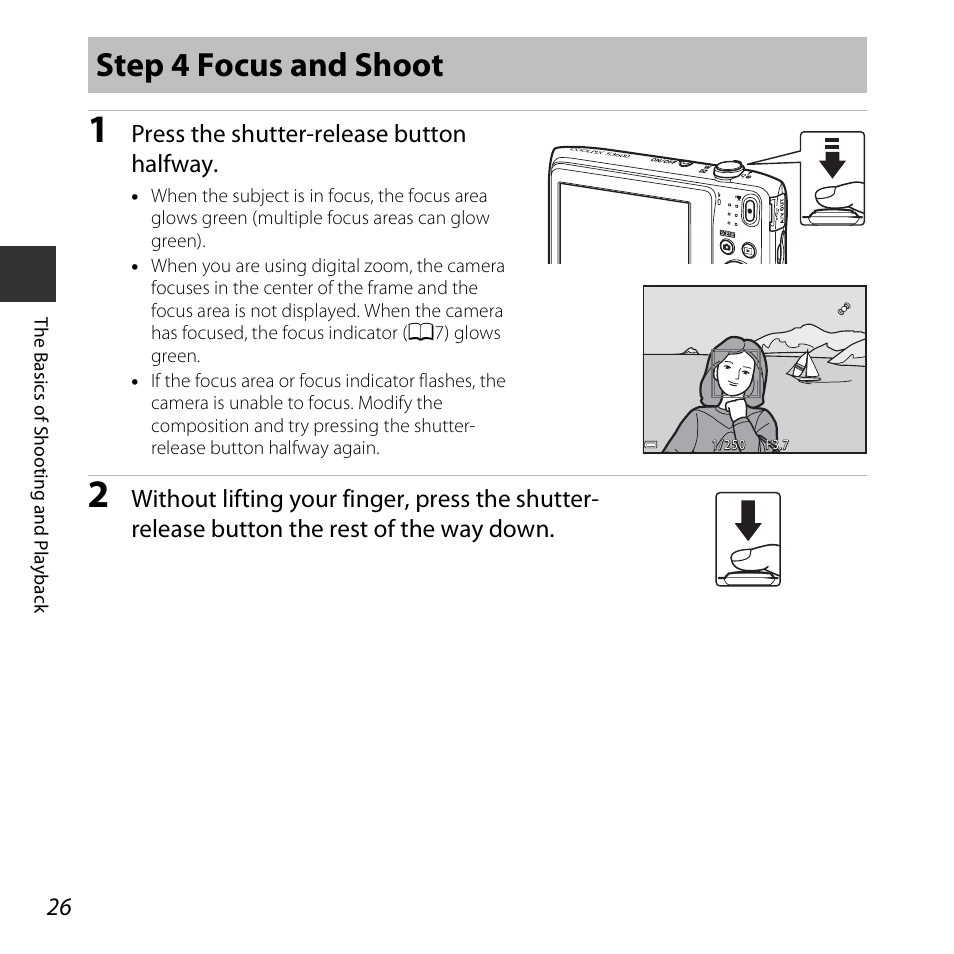 Step 4 focus and shoot, Press the shutter-release button halfway | Nikon S3600 User Manual | Page 44 / 208