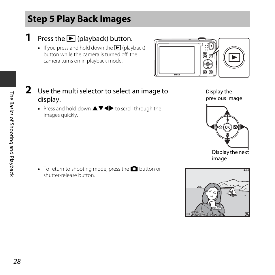 Step 5 play back images, Press the c (playback) button | Nikon S3600 User Manual | Page 46 / 208