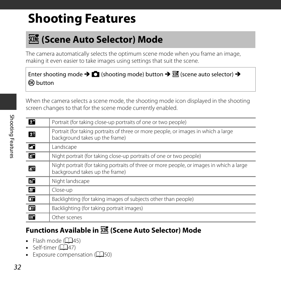 Shooting features, Scene auto selector mode, X (scene auto selector) mode | Nikon S3600 User Manual | Page 50 / 208