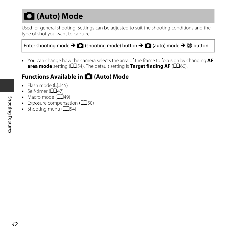 Auto mode, A (auto) mode, Functions available in a (auto) mode | Nikon S3600 User Manual | Page 60 / 208