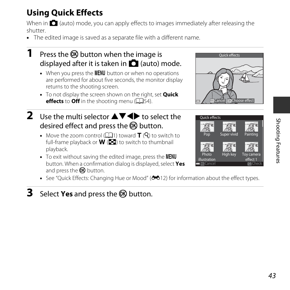 Using quick effects, Select yes and press the k button | Nikon S3600 User Manual | Page 61 / 208