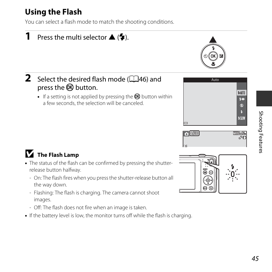 Using the flash, A45) | Nikon S3600 User Manual | Page 63 / 208