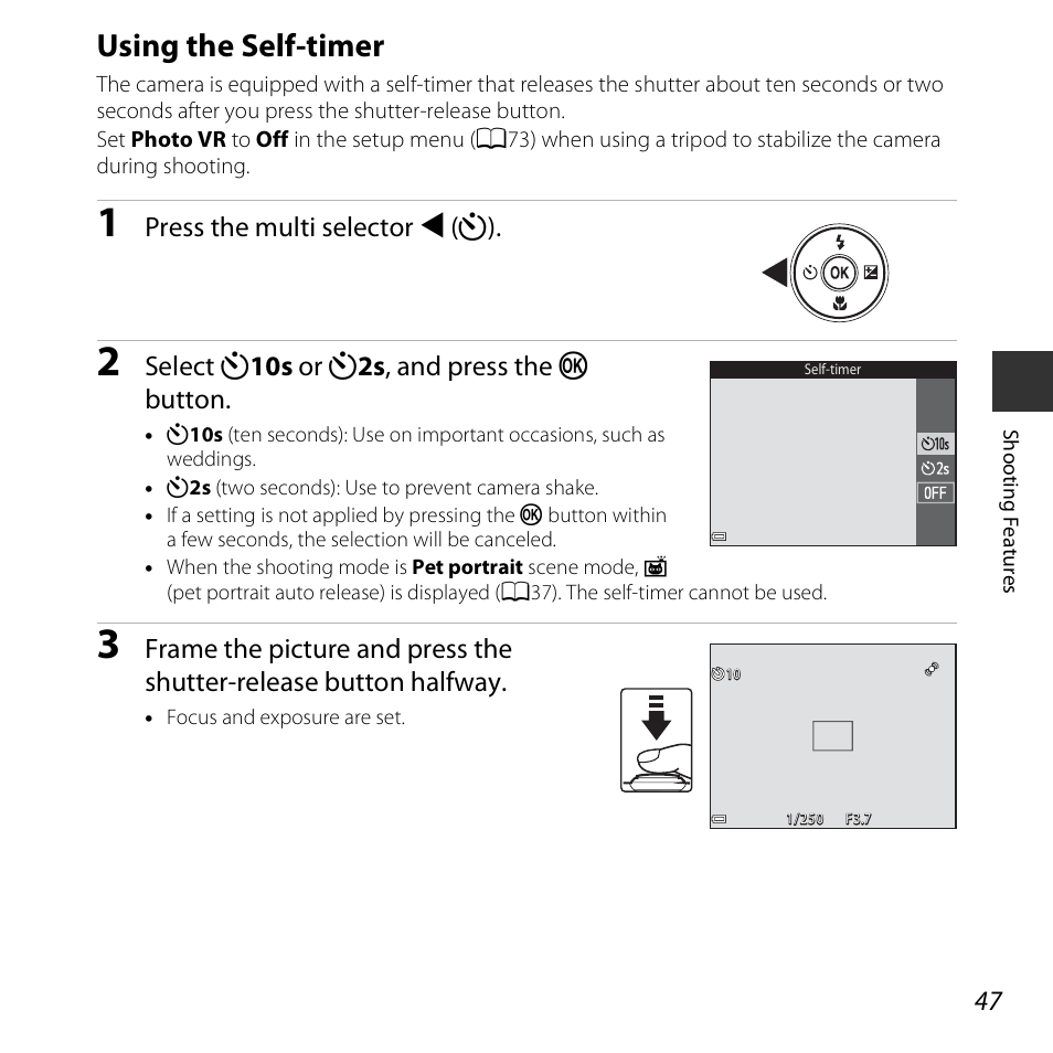 Using the self-timer, A47), Press the multi selector j (n) | Select n 10s or n 2s , and press the k button | Nikon S3600 User Manual | Page 65 / 208