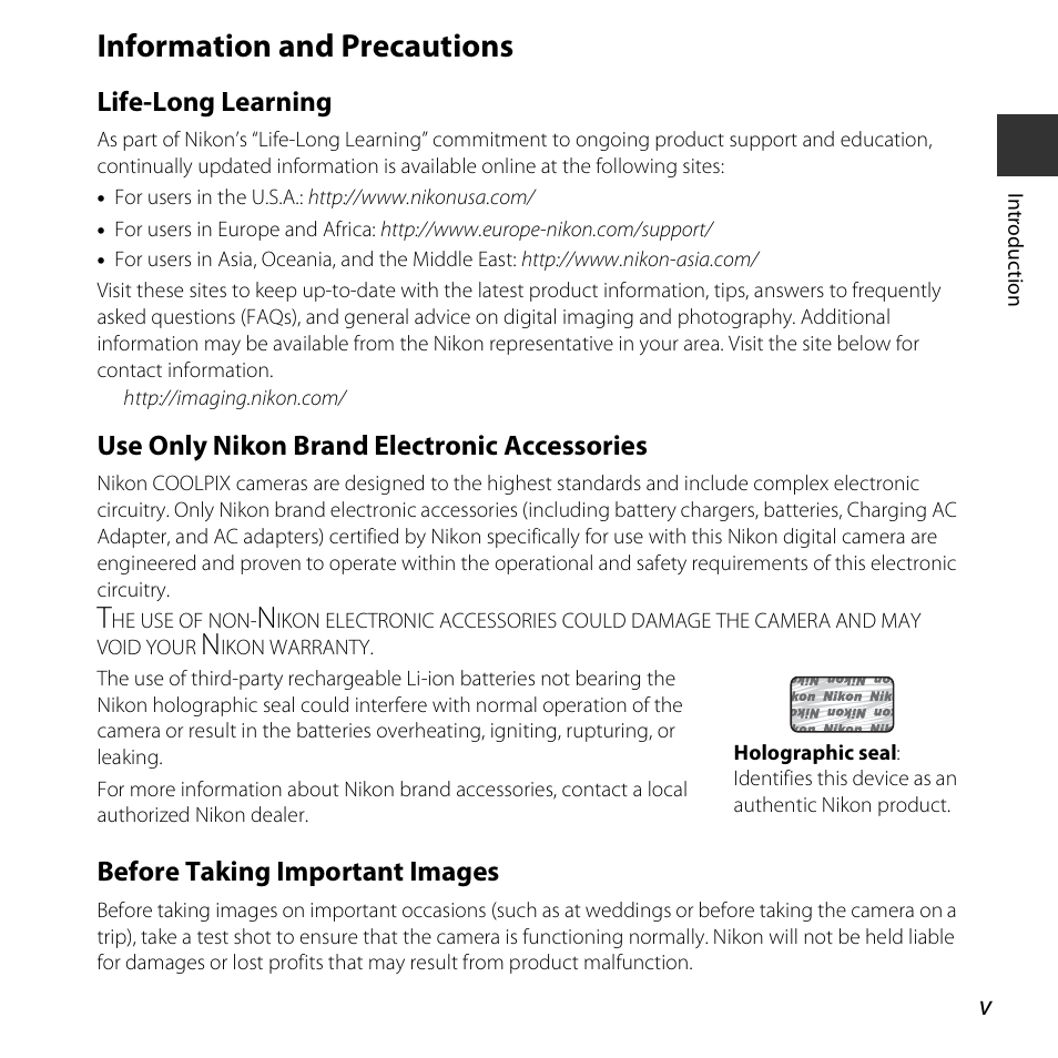 Information and precautions, Life-long learning, Use only nikon brand electronic accessories | Before taking important images | Nikon S3600 User Manual | Page 7 / 208