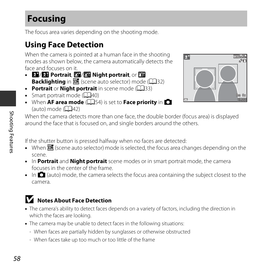 Focusing, Using face detection | Nikon S3600 User Manual | Page 76 / 208