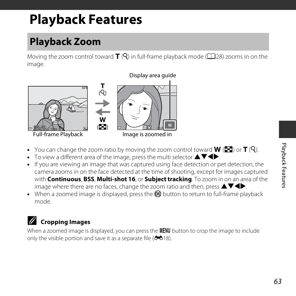 Playback features, Playback zoom | Nikon S3600 User Manual | Page 81 / 208