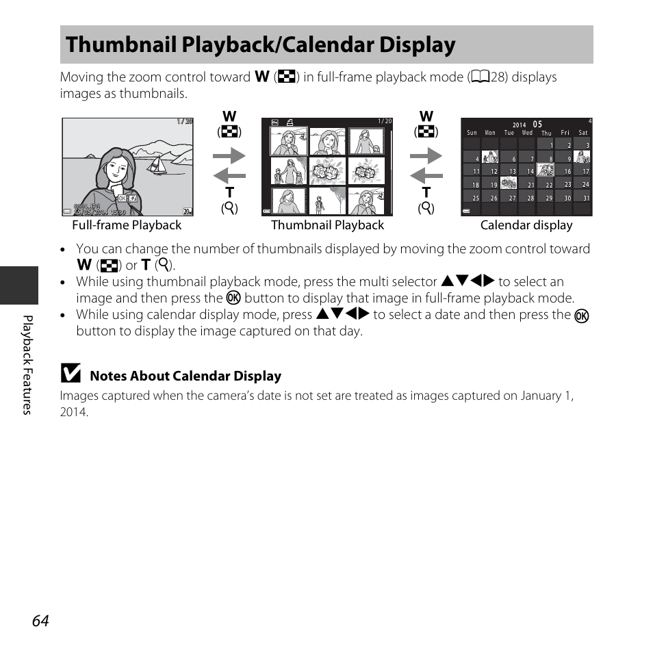 Thumbnail playback/calendar display, Play b a ck f e ature s | Nikon S3600 User Manual | Page 82 / 208