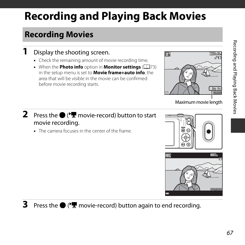 Recording and playing back movies, Recording movies | Nikon S3600 User Manual | Page 85 / 208