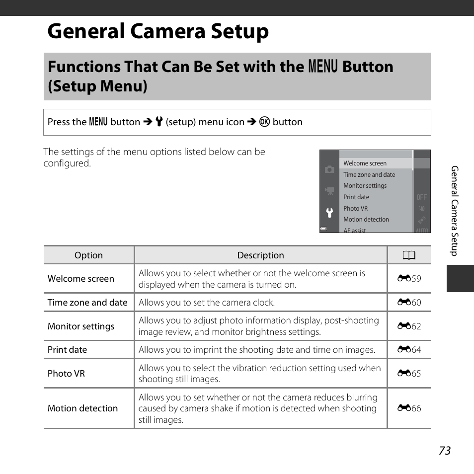 General camera setup, Functions that can be set with the, Button (setup menu) | A73) | Nikon S3600 User Manual | Page 91 / 208