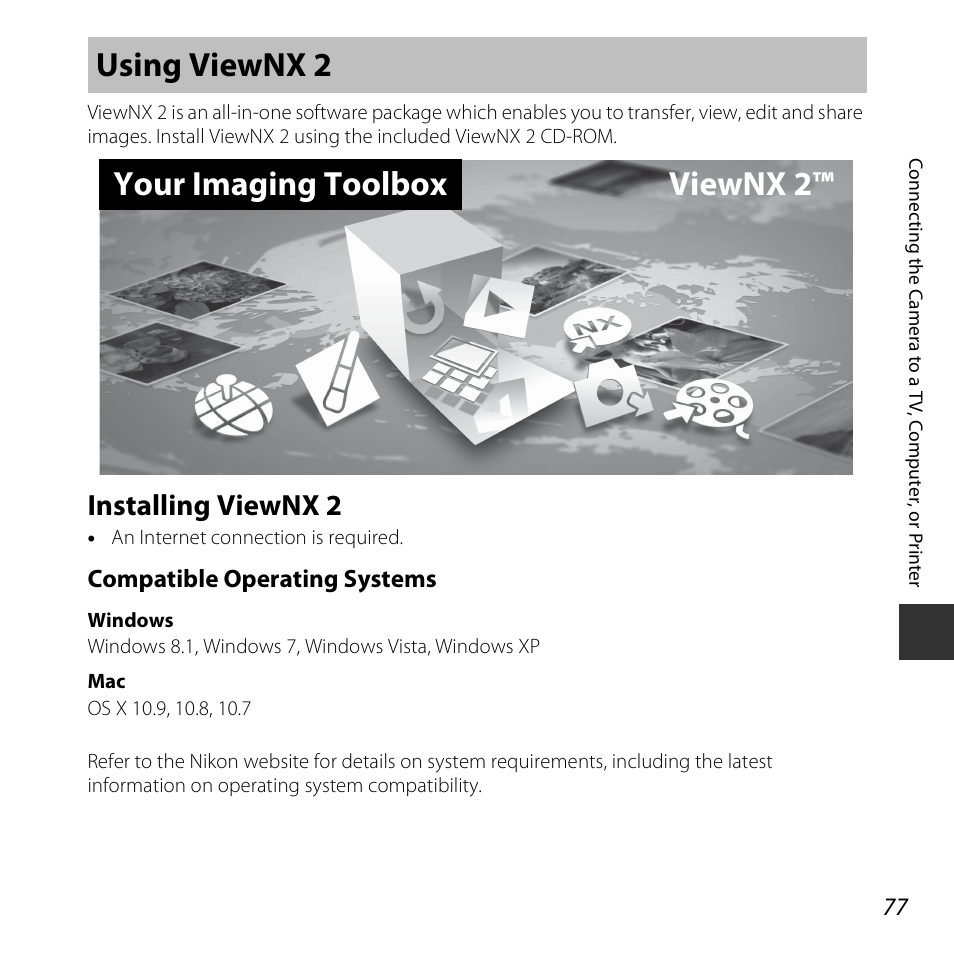 Using viewnx 2, Installing viewnx 2, A77) | Using viewnx 2 your imaging toolbox viewnx 2, Compatible operating systems | Nikon S3600 User Manual | Page 95 / 208