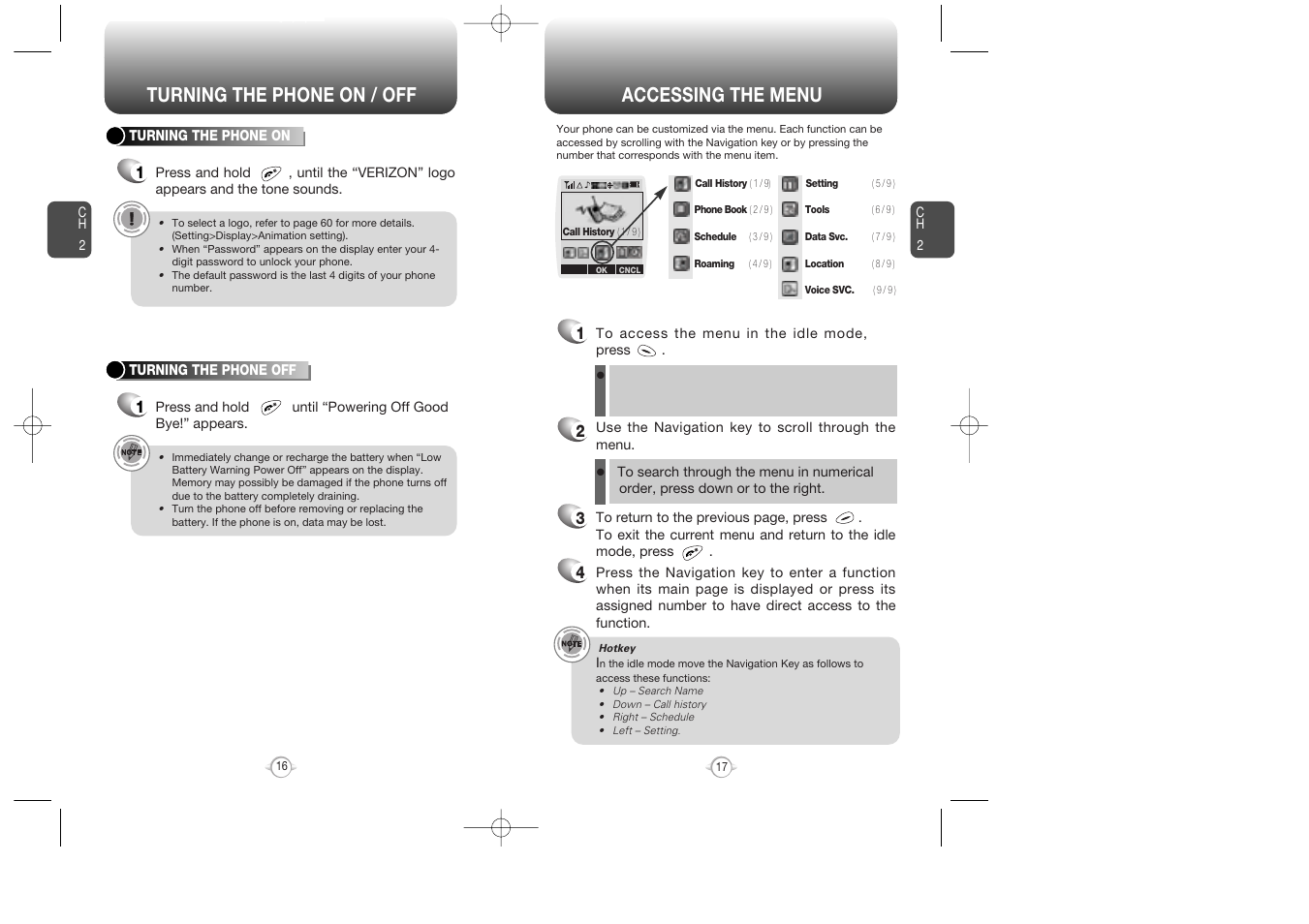 Accessing the menu, Turning the phone on / off | Audiovox CDMA2000 User Manual | Page 10 / 67