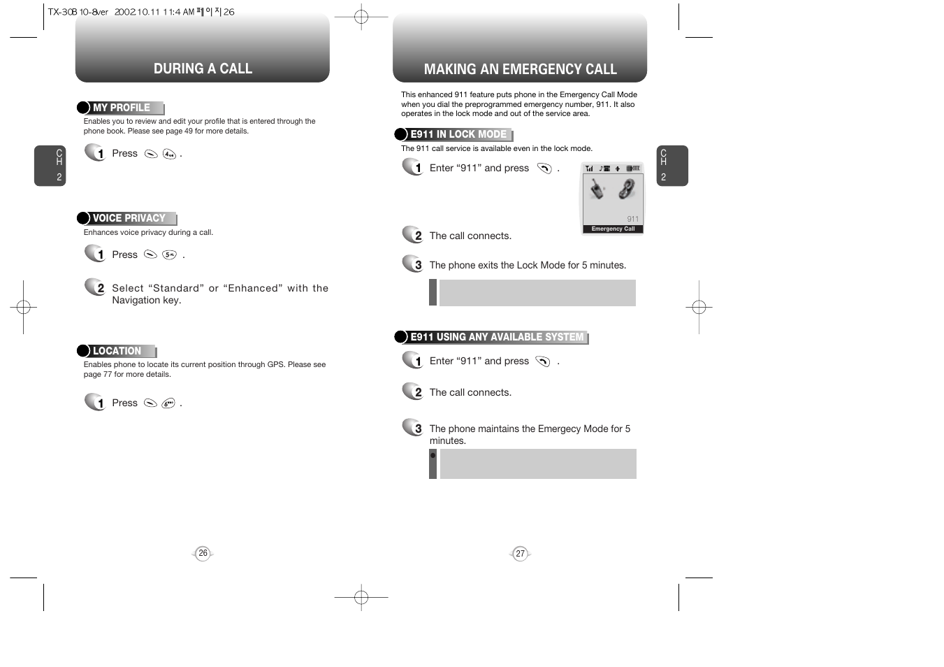 Making an emergency call, During a call | Audiovox CDMA2000 User Manual | Page 15 / 67