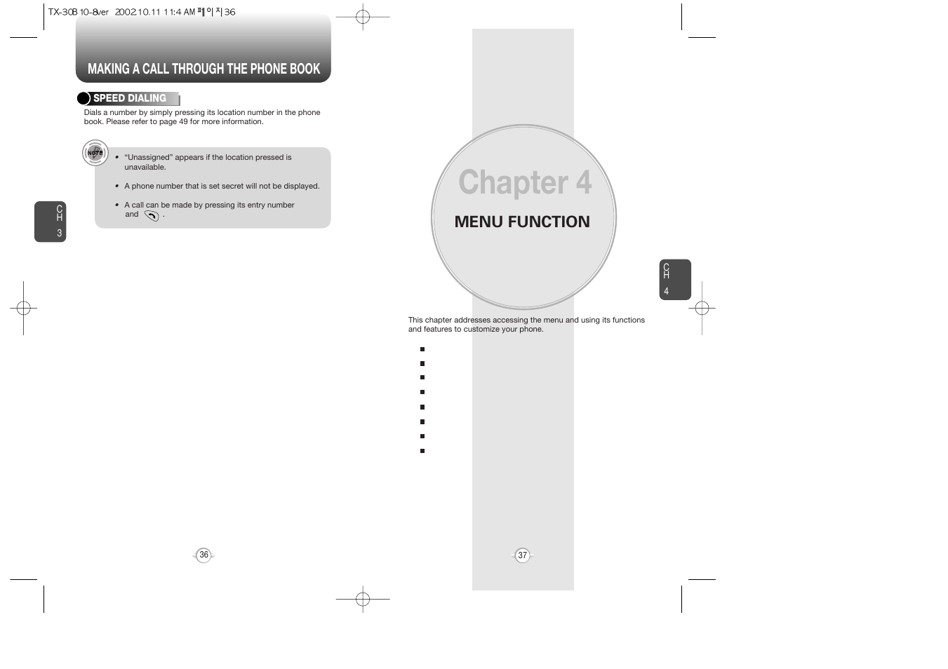 Chapter 4, Menu function, Making a call through the phone book | Audiovox CDMA2000 User Manual | Page 20 / 67