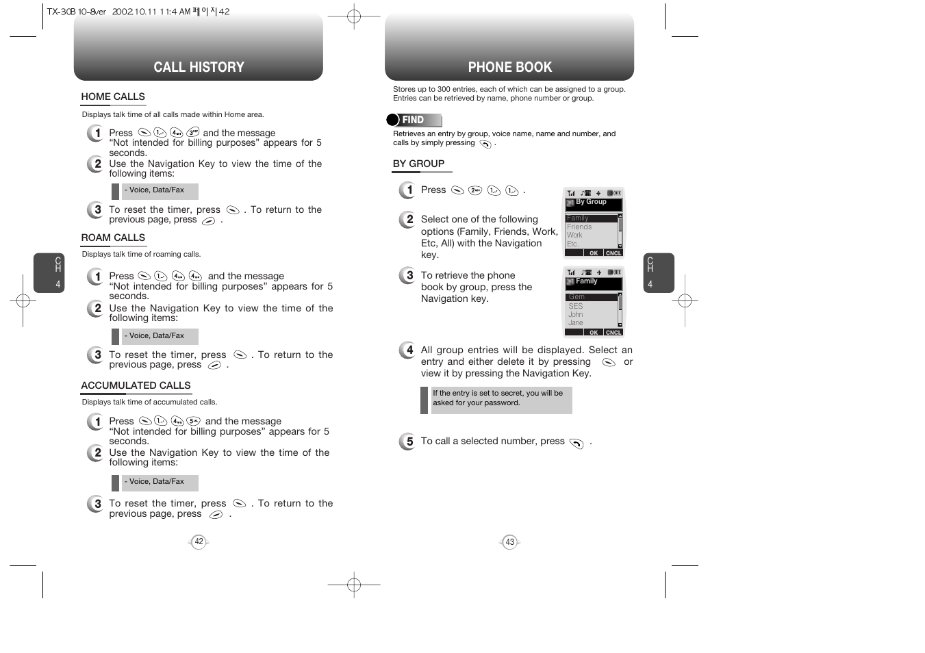 Phone book, Call history | Audiovox CDMA2000 User Manual | Page 23 / 67