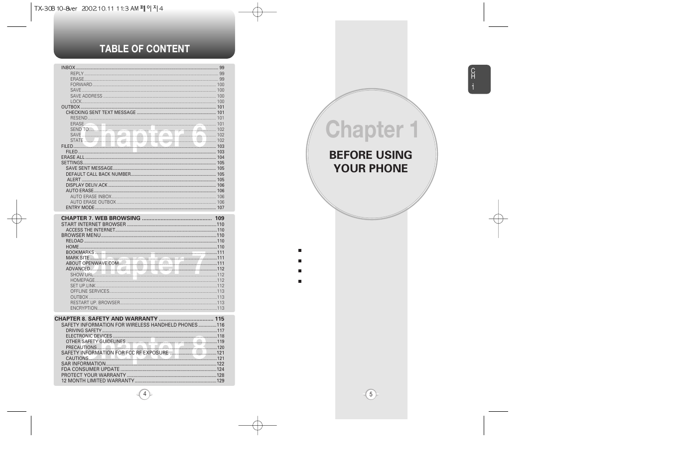 Chapter 6 chapter 7 chapter 8, Chapter 1, Before using your phone | Audiovox CDMA2000 User Manual | Page 4 / 67