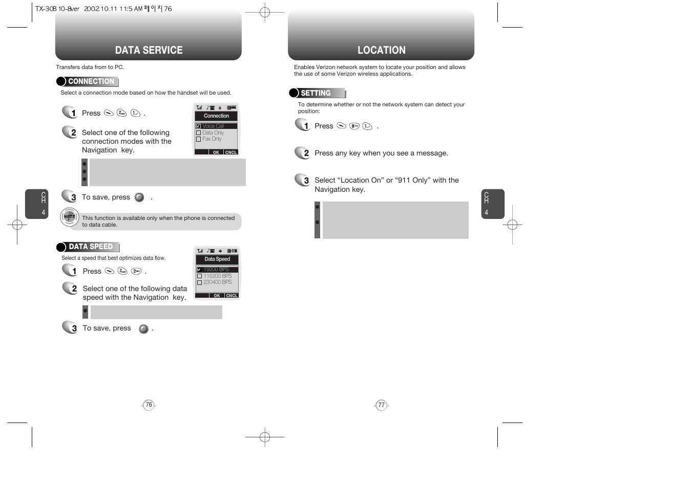 Location, Data service | Audiovox CDMA2000 User Manual | Page 40 / 67
