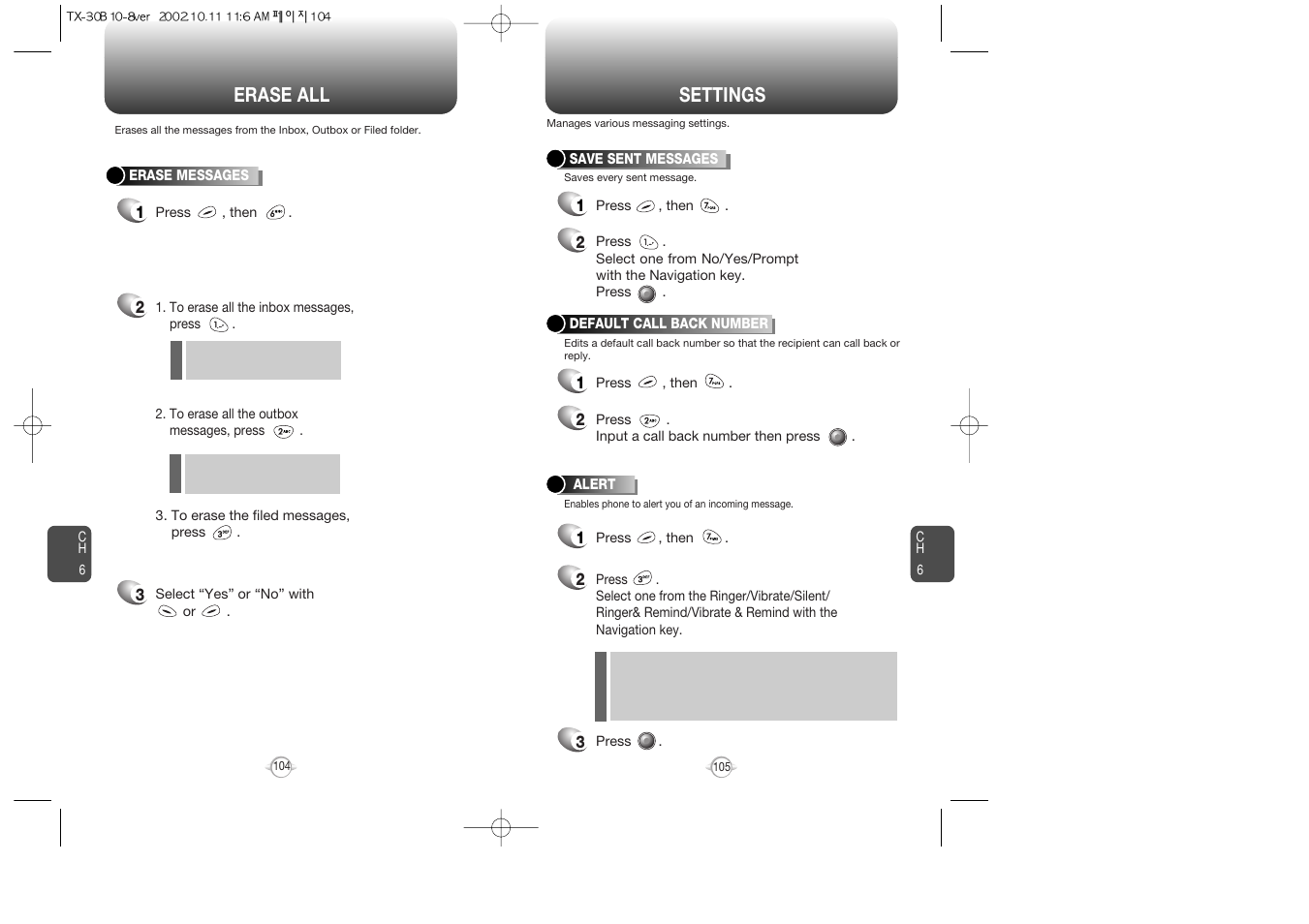 Settings, Erase all | Audiovox CDMA2000 User Manual | Page 54 / 67