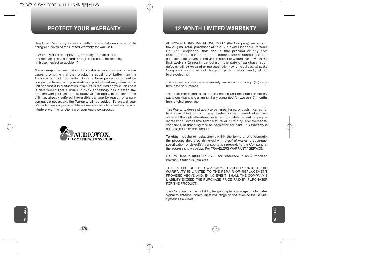 Protect your warranty 12 month limited warranty | Audiovox CDMA2000 User Manual | Page 66 / 67
