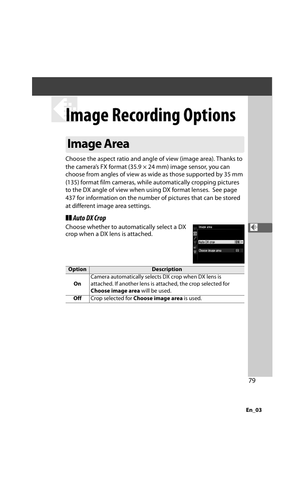 Image recording options, Image area, 0 79), all movies and phot | Nikon D800 User Manual | Page 103 / 472