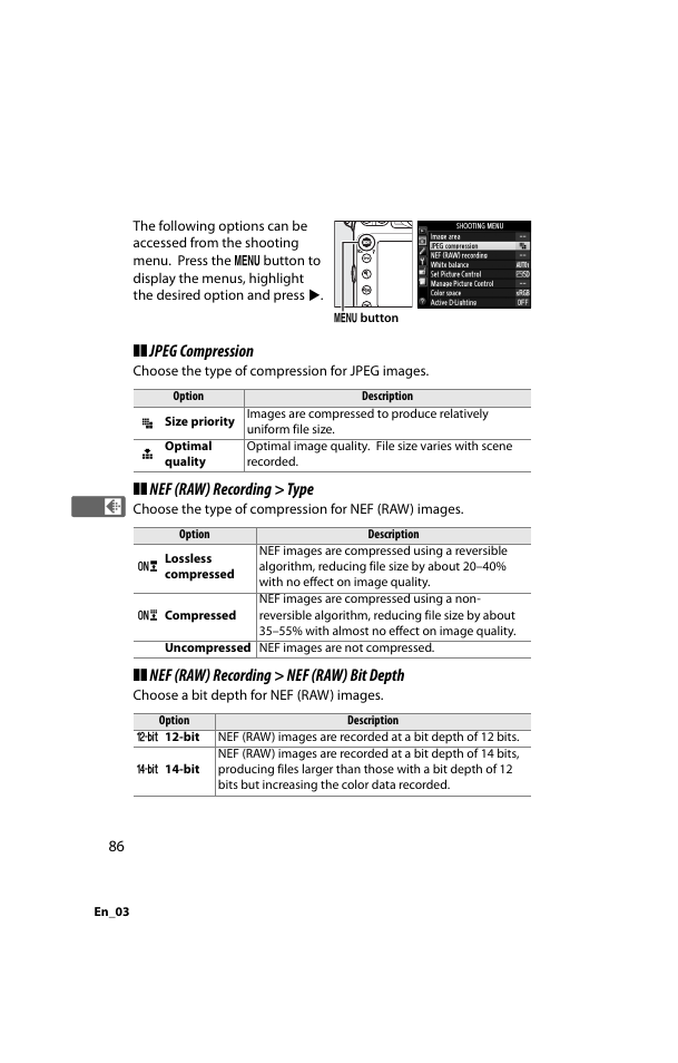 Jpeg compression, Nef (raw) recording > type, Nef (raw) recording > nef (raw) bit depth | Nikon D800 User Manual | Page 110 / 472