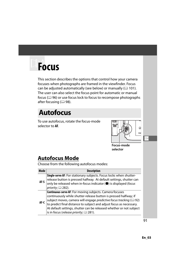 Focus, Autofocus, Autofocus mode | Nikon D800 User Manual | Page 115 / 472