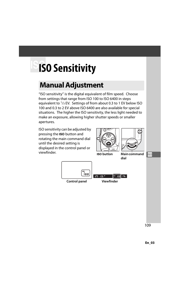 Iso sensitivity, Manual adjustment | Nikon D800 User Manual | Page 133 / 472