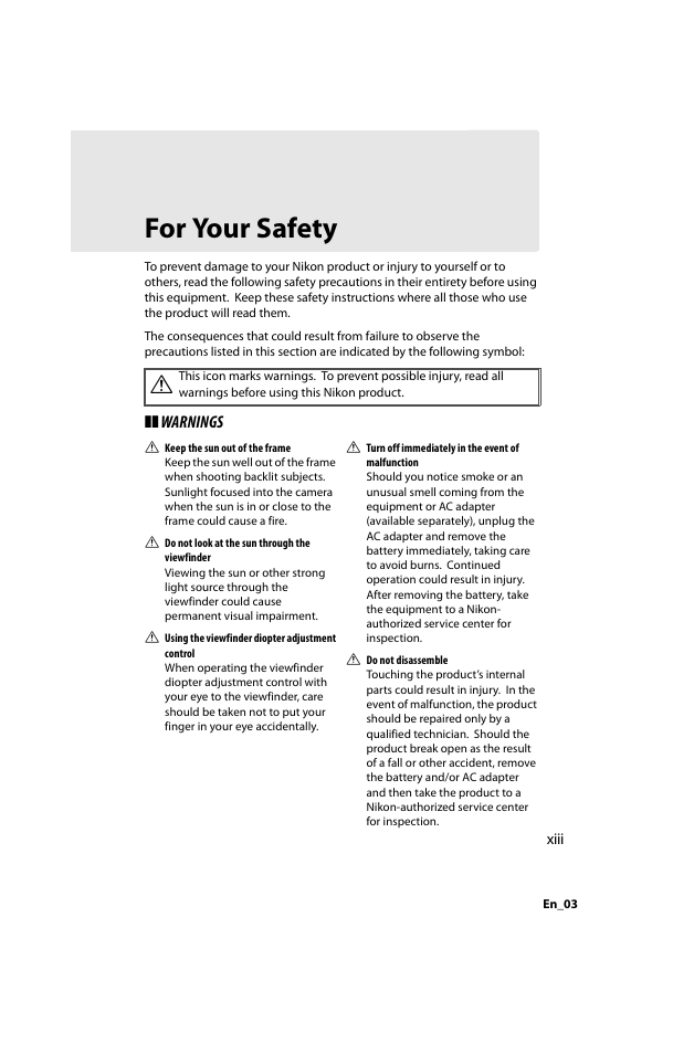 For your safety, 0 xiii–x | Nikon D800 User Manual | Page 15 / 472