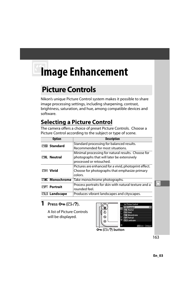 Image enhancement, Picture controls, Selecting a picture control | 0 163). w | Nikon D800 User Manual | Page 187 / 472