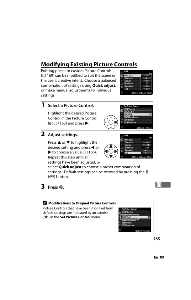 Modifying existing picture controls | Nikon D800 User Manual | Page 189 / 472