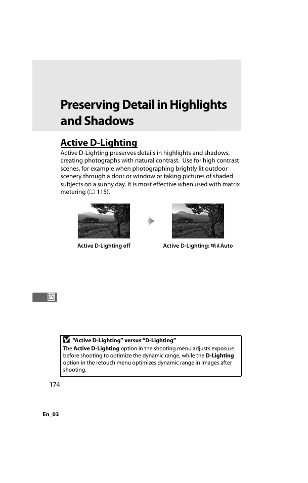 Preserving detail in highlights and shadows, Active d-lighting, Ting | Nikon D800 User Manual | Page 198 / 472