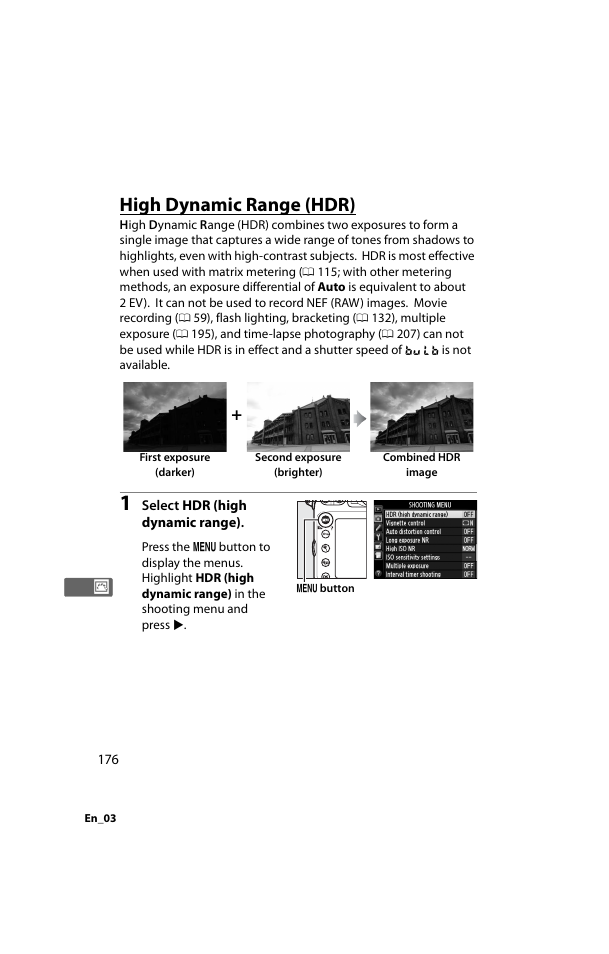 High dynamic range (hdr), Dr; 0 176), or, Raph (0 176) or | Nikon D800 User Manual | Page 200 / 472