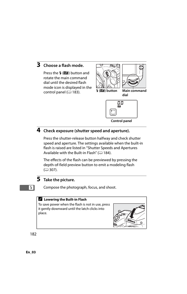 0 182); c, Flash | Nikon D800 User Manual | Page 206 / 472