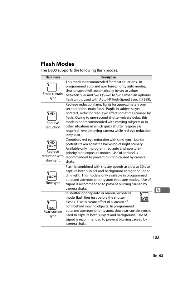 Flash modes | Nikon D800 User Manual | Page 207 / 472