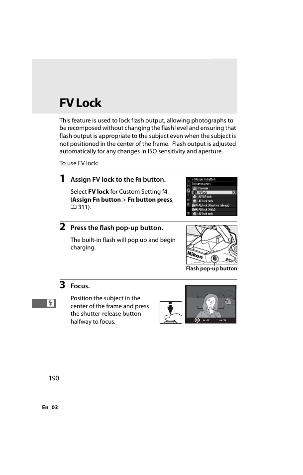 Fv lock, 190 f | Nikon D800 User Manual | Page 214 / 472