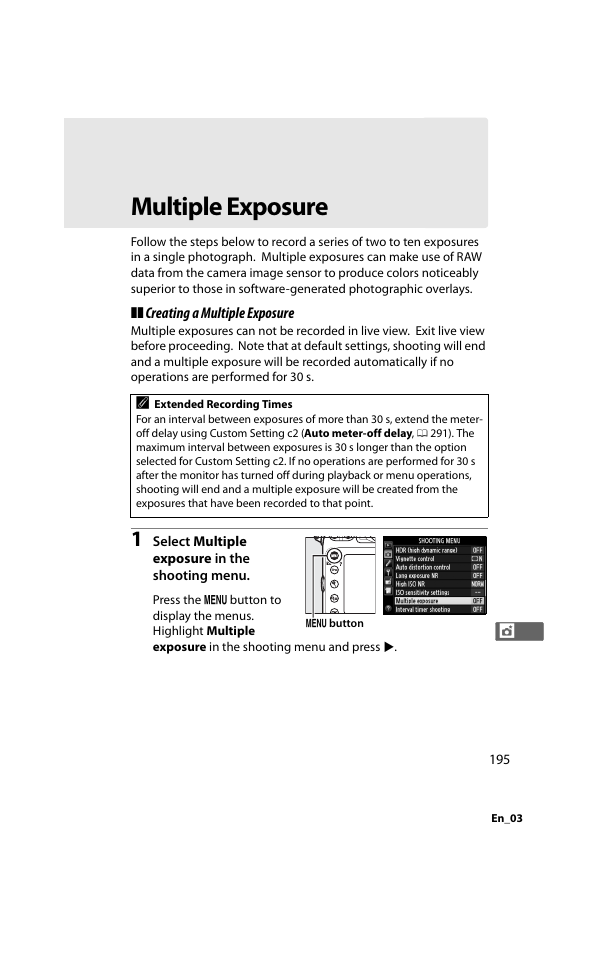 Multiple exposure, 0 195), or when | Nikon D800 User Manual | Page 219 / 472