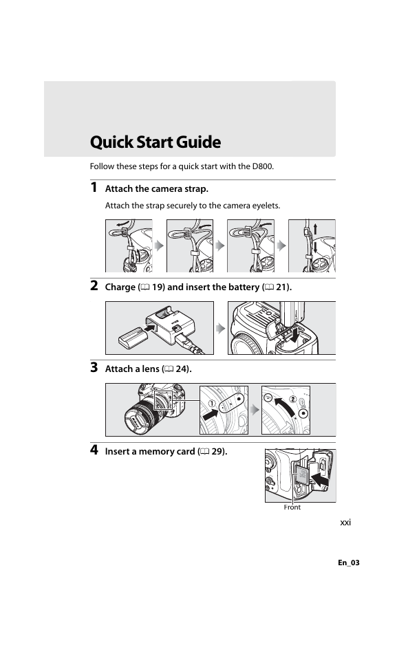 Quick start guide, Xxi, 37 | Nikon D800 User Manual | Page 23 / 472