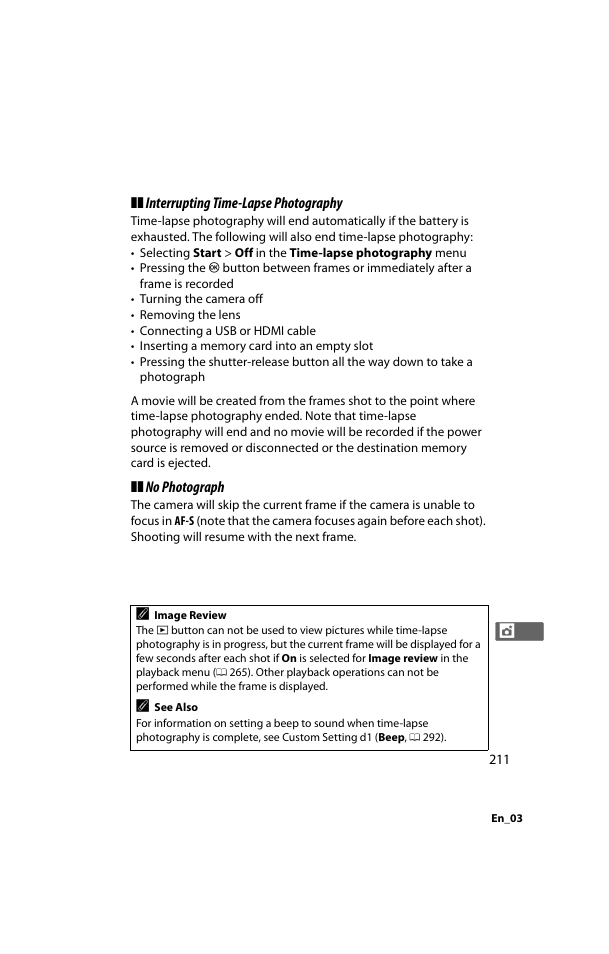 Interrupting time-lapse photography, No photograph | Nikon D800 User Manual | Page 235 / 472