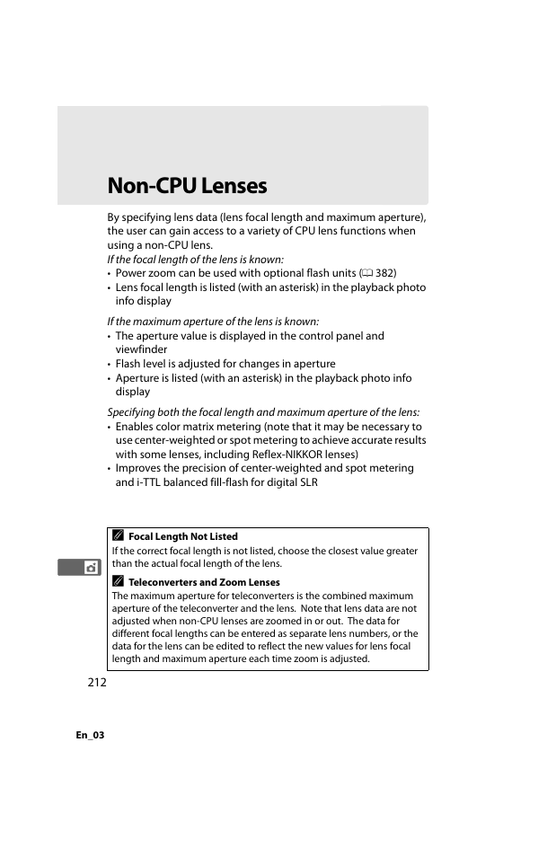 Non-cpu lenses, Menu, 0 212). non | Nikon D800 User Manual | Page 236 / 472