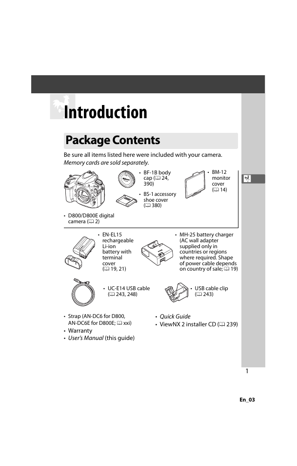 Introduction, Package contents | Nikon D800 User Manual | Page 25 / 472