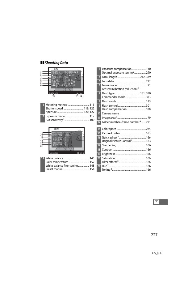 Shooting data, En_03, 3exposure compensation optimal exposure tuning | 12 folder number–frame number, Original picture control, Filter effects, 21 hue, Toning | Nikon D800 User Manual | Page 251 / 472