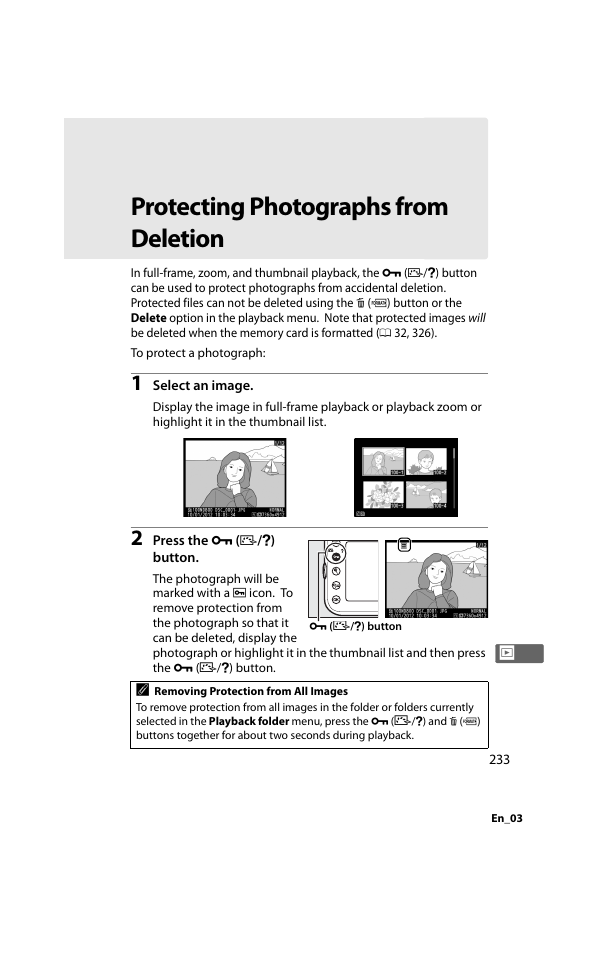 Protecting photographs from deletion, E ( 0 233) | Nikon D800 User Manual | Page 257 / 472