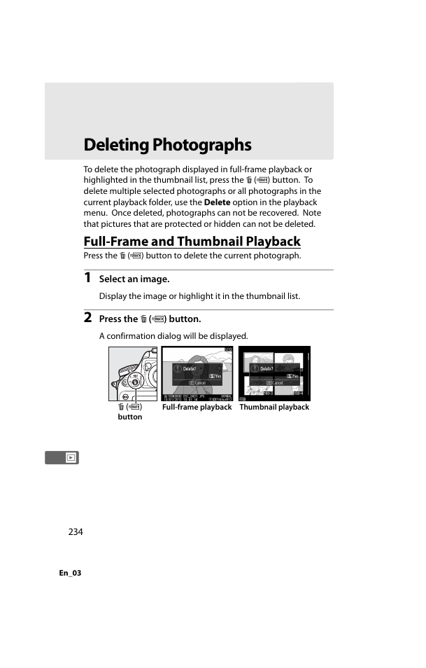 Deleting photographs, Full-frame and thumbnail playback | Nikon D800 User Manual | Page 258 / 472