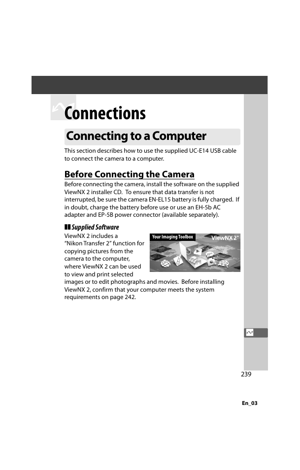 Connections, Connecting to a computer, Before connecting the camera | Eeding | Nikon D800 User Manual | Page 263 / 472