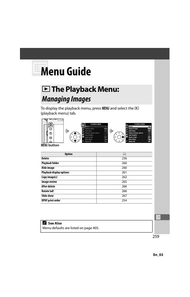 Menu guide, The playback menu: managing images, D the playback menu: managing images | Back, 0 259) or r | Nikon D800 User Manual | Page 283 / 472