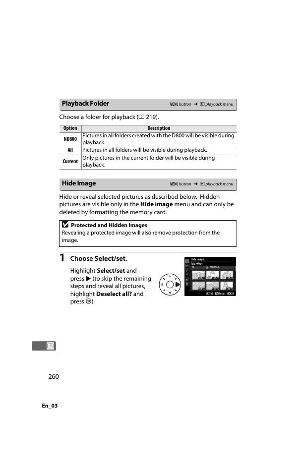 Playback folder, Hide image, Playback folder hide image | Nikon D800 User Manual | Page 284 / 472