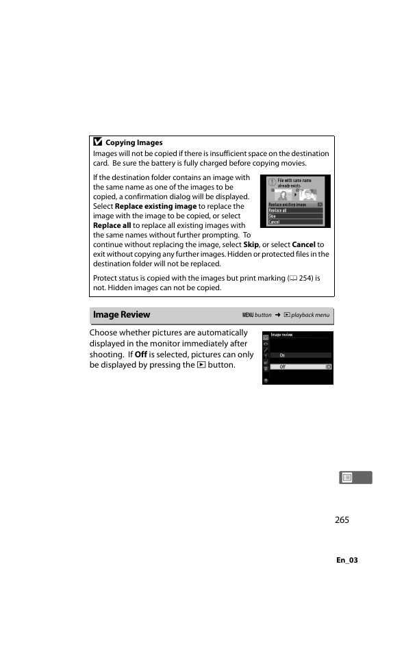 Image review, 0 265). o | Nikon D800 User Manual | Page 289 / 472