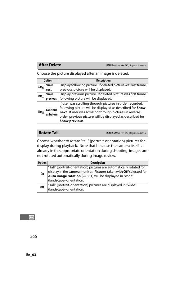 After delete, Rotate tall | Nikon D800 User Manual | Page 290 / 472