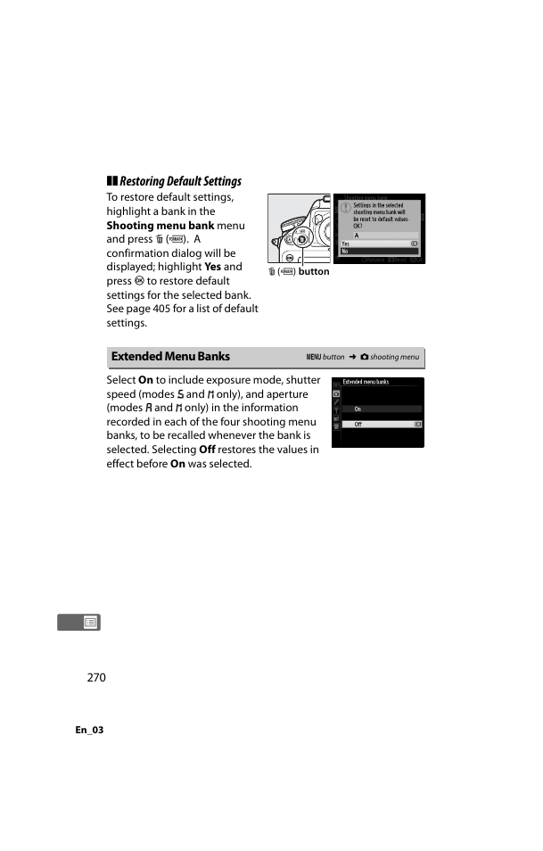 Extended menu banks, 0 270), int, Restoring default settings | Nikon D800 User Manual | Page 294 / 472