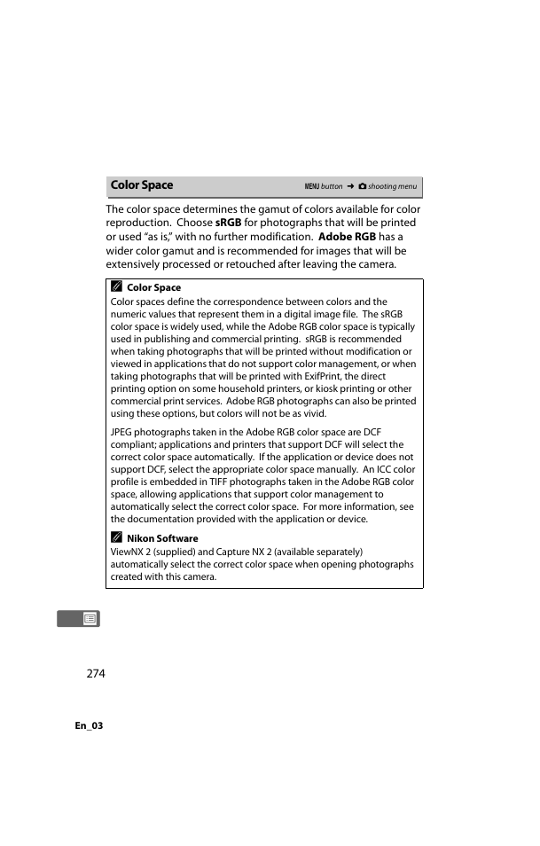 Color space, 0 274) and p | Nikon D800 User Manual | Page 298 / 472