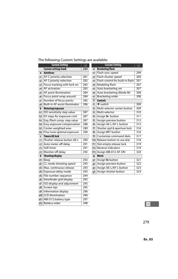 The following custom settings are available | Nikon D800 User Manual | Page 303 / 472